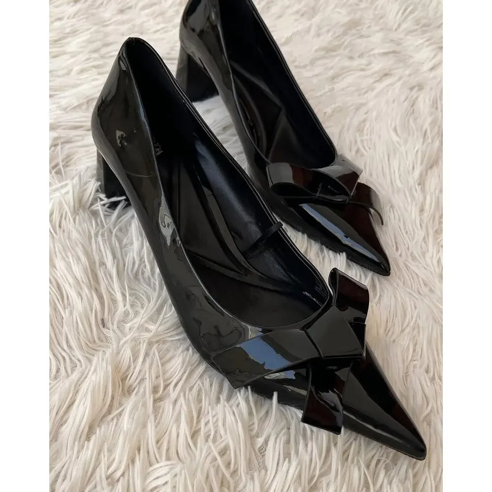 ZARA Black Patent Bow Pumps Pointed Toe Block Heel Office Shoes NWT 6.5